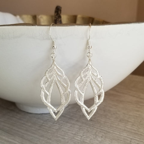 Brushed Silver or Gold Dangle Earrings, Boho Feather Design