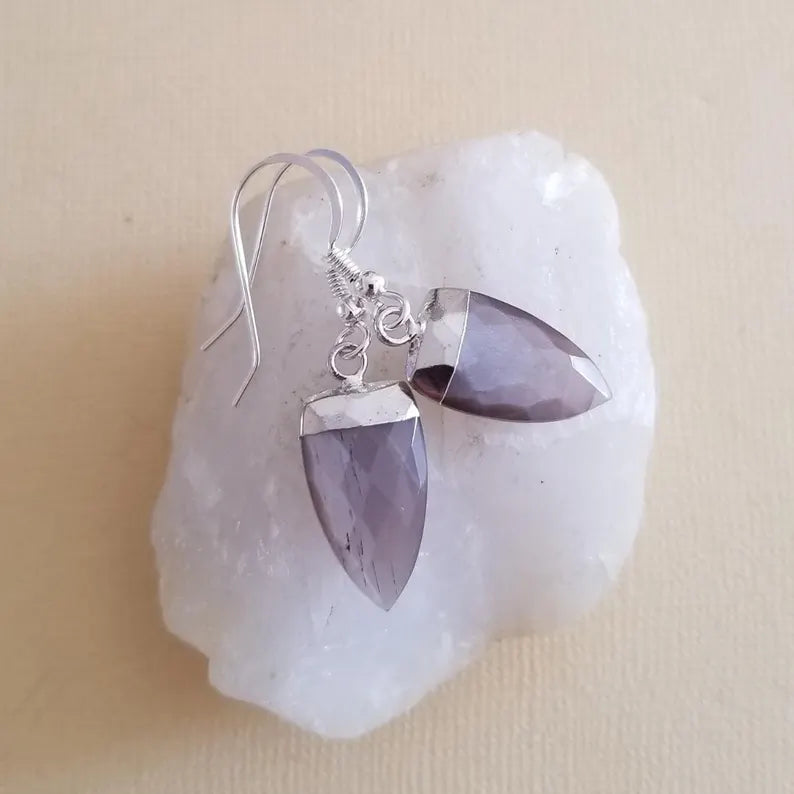 Brown Moonstone Earrings, Small Gemstone Earrings, Chocolate Moonstone Dangles, Arrow Shaped Stone Earrings, Everyday Earrings