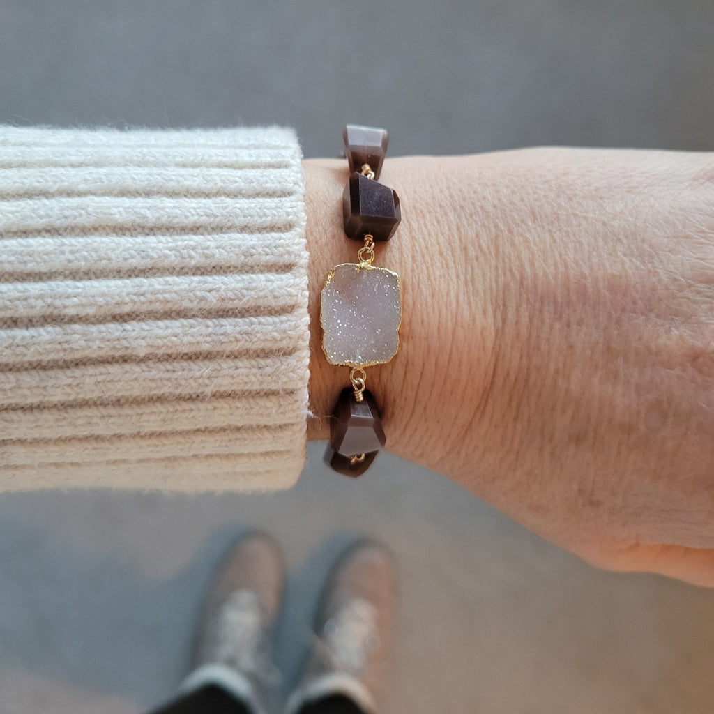 Chocolate Moonstone and Druzy Crystal Bracelet, Natural Gemstone Jewelry, Boho Stackable Bracelet, Gift for Her, Healing Energy Bracelet