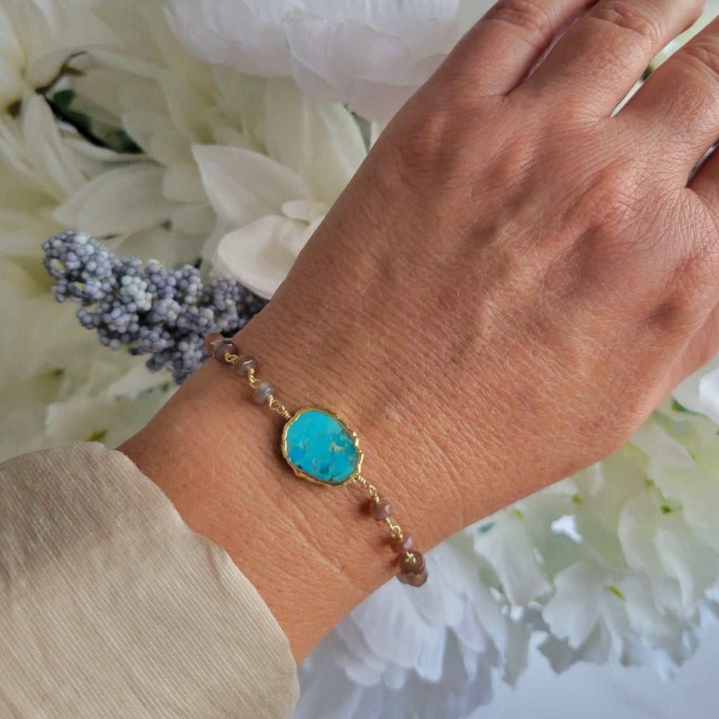 Boho Beaded Chocolate Moonstone and Turquoise Bracelet