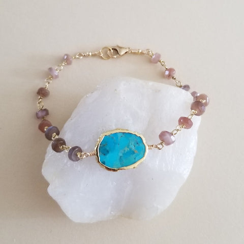 Bohemian bracelet with chocolate moonstone and turquoise gemstones, unique handmade jewelry with calming and uplifting properties.