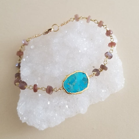 Bohemian bracelet with chocolate moonstone and turquoise gemstones, unique handmade jewelry with calming and uplifting properties.
