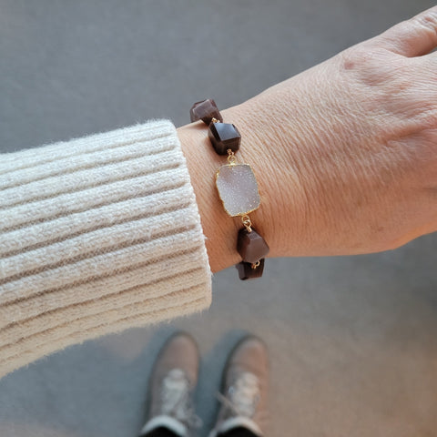 Chocolate Moonstone and Druzy Crystal Bracelet, Natural Gemstone Jewelry, Boho Stackable Bracelet, Gift for Her, Healing Energy Bracelet