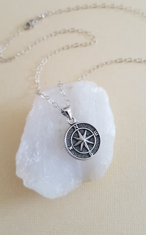 Sterling Silver Compass Necklace, Dainty Coordinate Necklace, North Star Necklace, Compass Medallion Necklace, Gift for Her, Compass Pendant