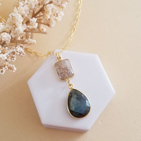Copper Rutilated Quartz and Labradorite Pendant Necklace, Statement Necklace, Gold Paperclip Chain Necklace for women