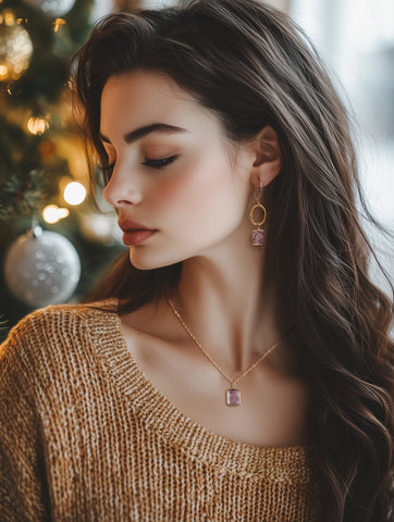 Gold Quartz Necklace, Copper Rutilated Quartz Earrings, Crystal Jewelry for Women Handmade in the USA