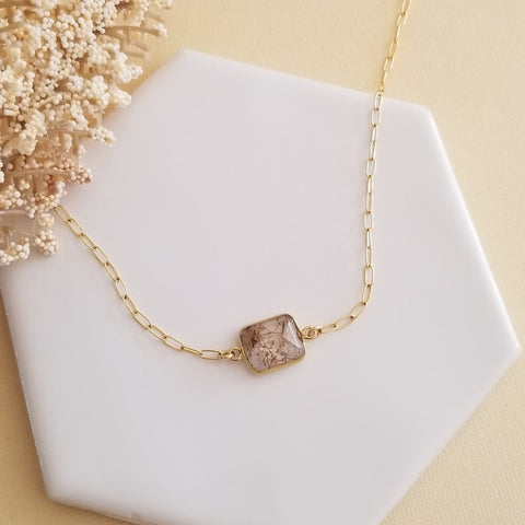 Copper Rutilated Quartz Necklace, Gold Paperclip Chain Necklace, Dainty Gemstone Choker Necklace, Layering Necklace, Boho Choker