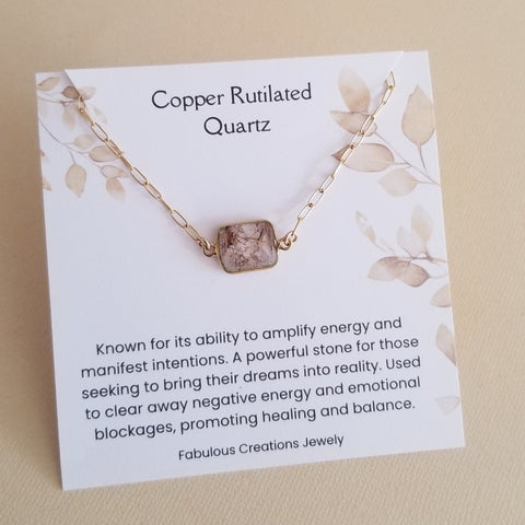 Copper Rutilated Quartz Necklace, Gold Paperclip Chain Necklace, Dainty Gemstone Choker Necklace, Layering Necklace, Raw Crystal Necklace, Necklace and Card Gift set
