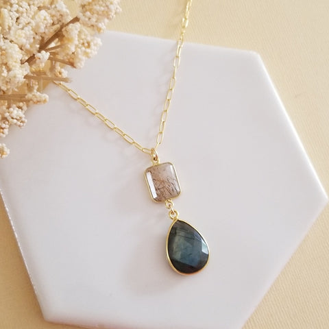 Labradorite and Copper Rutilated Quartz Pendant Necklace, Gold Filled Paperclip Chain Necklace, Statement Necklace, Gemstone Necklace