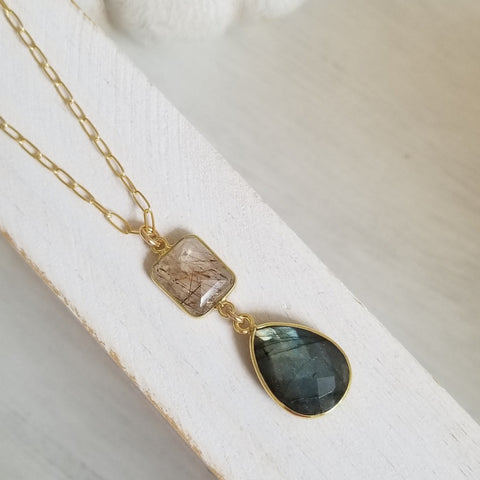 Copper Rutilated Quartz and Labradorite Pendant Necklace, Statement Necklace