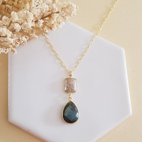 Labradorite and Copper Rutilated Quartz Pendant Necklace, Gold Filled Paperclip Chain Necklace, Statement Necklace, Gemstone Necklace