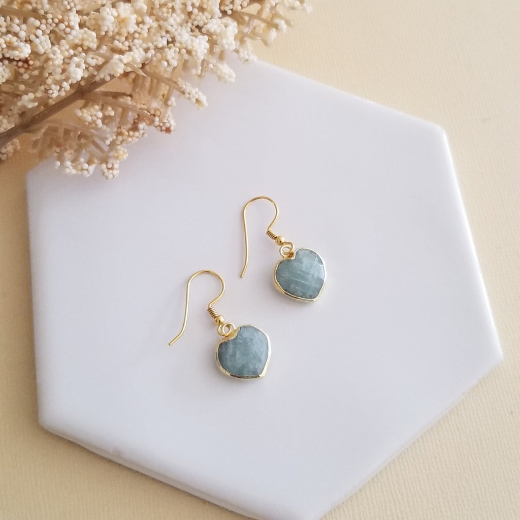 Dainty Aquamarine Heart Earrings, Gift for Her