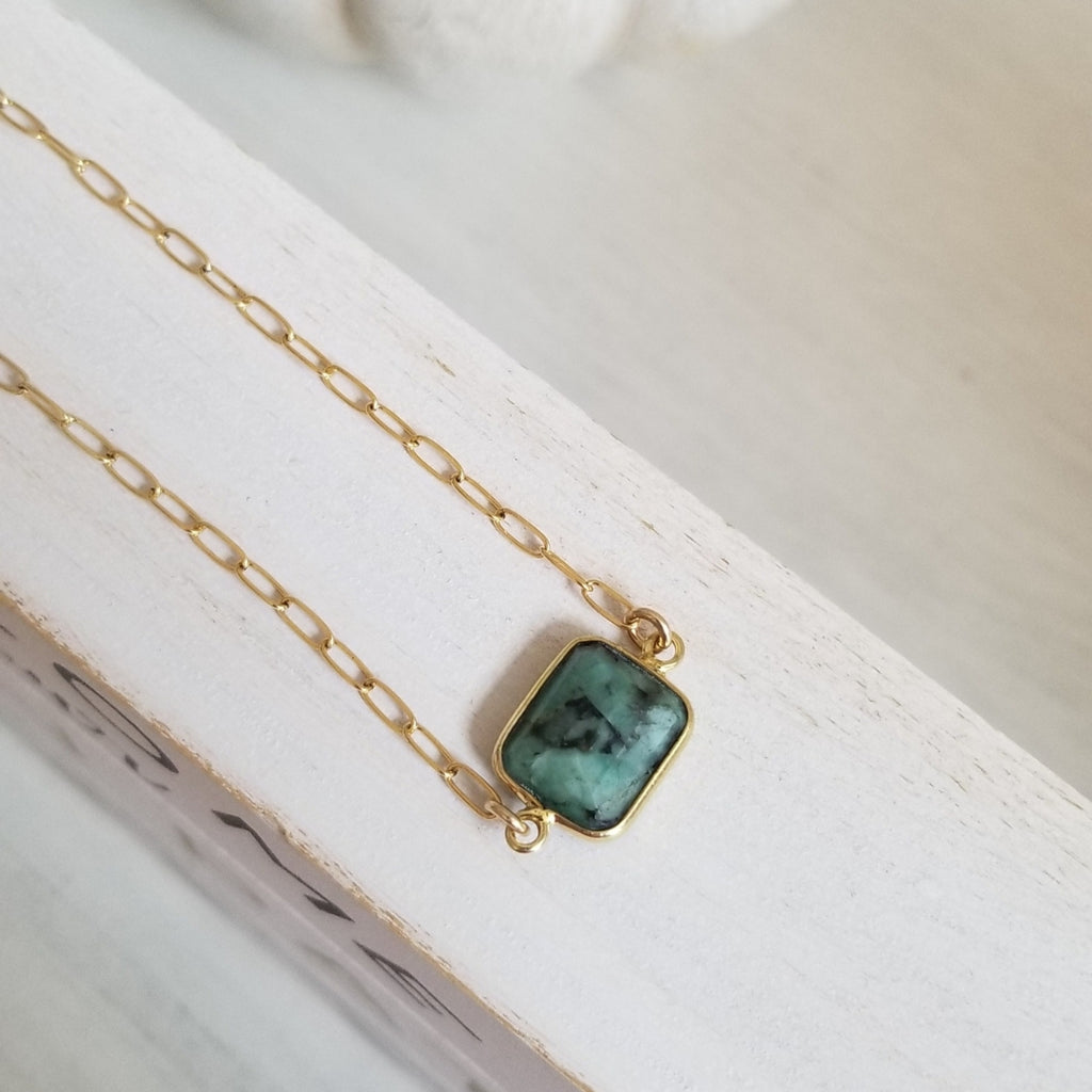 Gold Paperclip Chain Necklace with Rectangle Emerald Stone