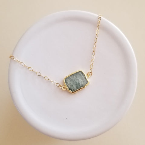 Gold Aquamarine Slice Pendant Necklace, Layering Necklace, Gift for Sister