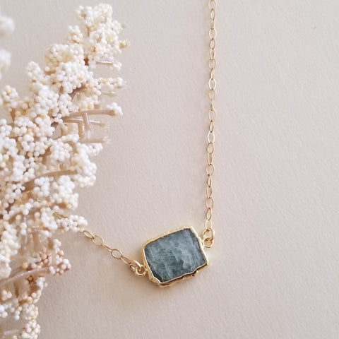 Gold Aquamarine Slice Pendant Necklace, Layering Necklace, Gift for Best Friend