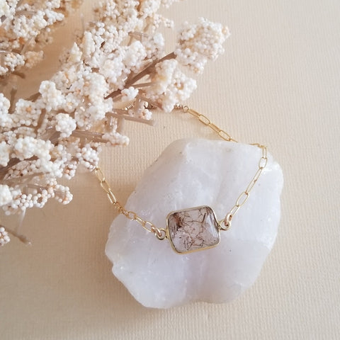 Copper Rutilated Quartz Bracelet, Gold Paperclip Chain Bracelet, Dainty Gold Bracelet, Crystal Bracelet, Gift for Her, Layering Bracelet