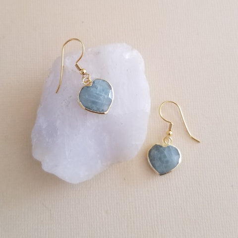 Aquamarine Heart Earrings, Dainty Heart Earrings, Gold Aquamarine Dangle, March Birthstone, Gemstone Earrings, Gift for Her, Heart Jewelry