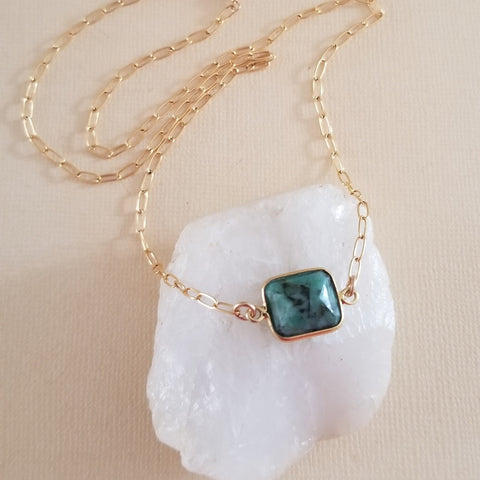 Gold Paperclip Chain Necklace with Rectangle Emerald Stone, Dainty Gold Necklace, May Birthstone, Gift for Her