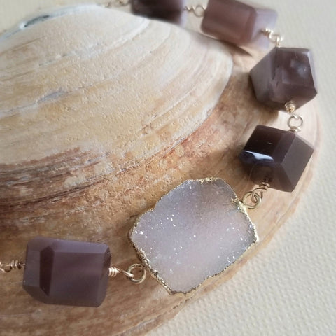 Chocolate Moonstone and Druzy Crystal Bracelet, Natural Gemstone Jewelry, Boho Stackable Bracelet, Gift for Her, Healing Energy Bracelet