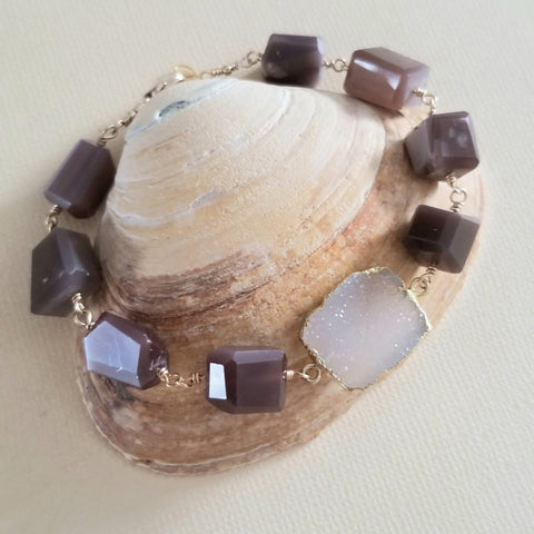 Handmade Chocolate Moonstone and Druzy Crystal Bracelet, Natural Gemstone Jewelry, Boho Stackable Bracelet, Gift for Her, Healing Energy Bracelet