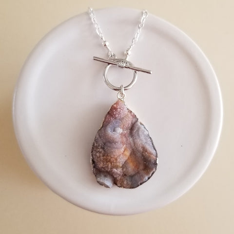One of a Kind Druzy Pendant Necklace, Front Toggle Necklace, Druzy Crystals Teardrop Pendant, Statement Necklace