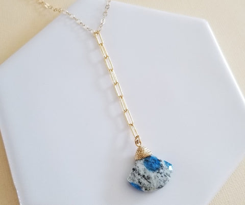 Azurite Necklace, Gold Y Necklace, Gemstone Drop Necklace, Boho Necklace for Women, Azurite Pendant, Statement Necklace, Lariat Necklace