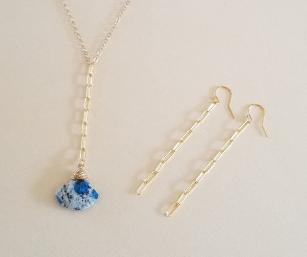 One of a Kind Azurite Necklace, Gold Y Necklace, Long Center Drop