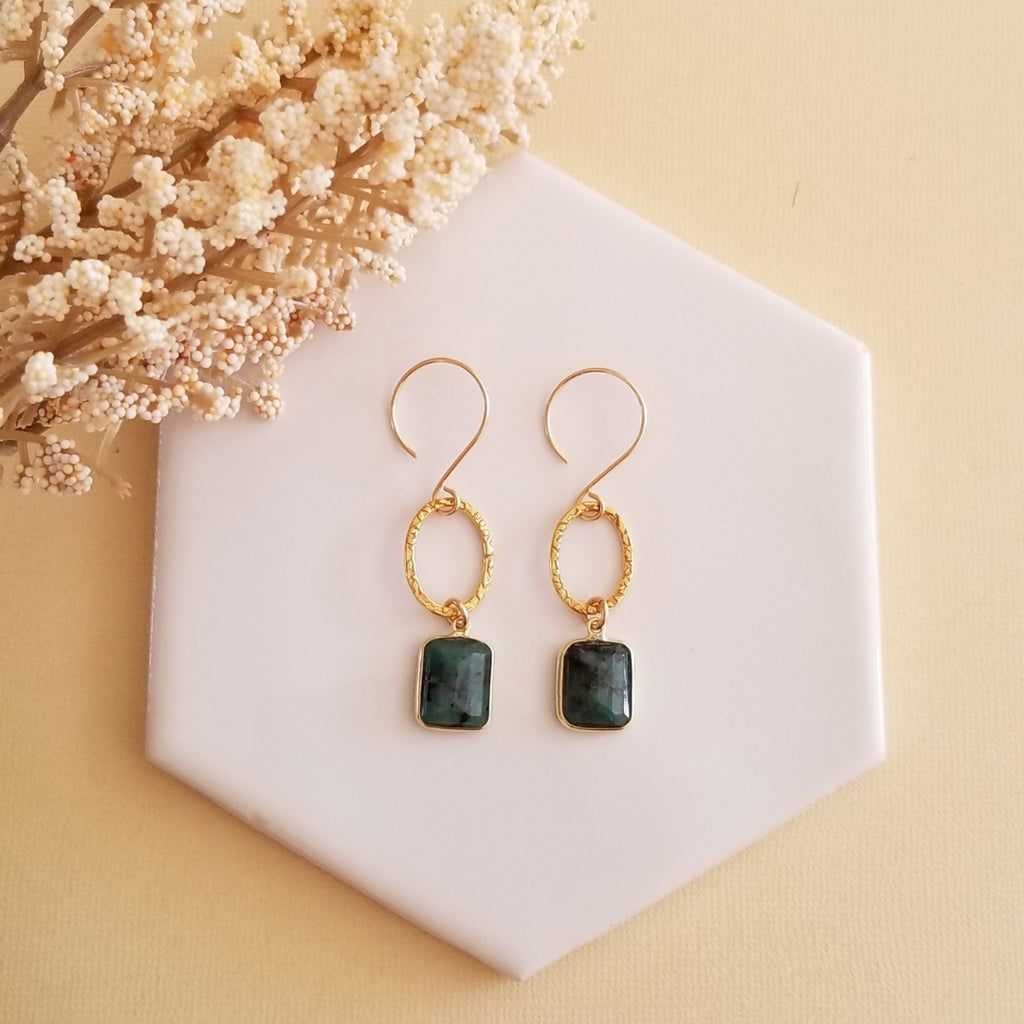 Gold Emerald Earrings, Small Gold Hoop Earrings with Emerald