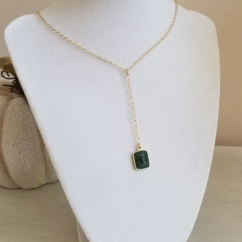 Gold Emerald Y Necklace, Boho Center Drop Pendant Necklace
