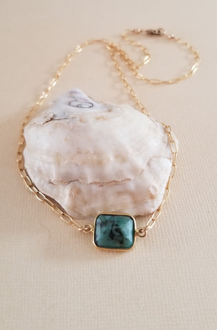 Gold Paperclip Chain Necklace with Rectangle Emerald Stone