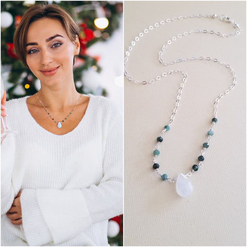 Emerald and Moonstone Teardrop Necklace, Dainty Gemstone Necklace