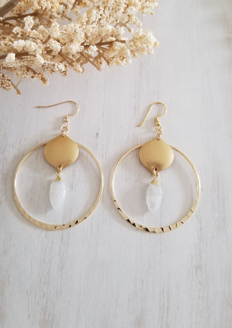 Gold Moonstone Dangle Drop Earrings, Boho Hoops Earrings, Boho Bride Earrings, Wedding Earrings, Big Hoop Earrings
