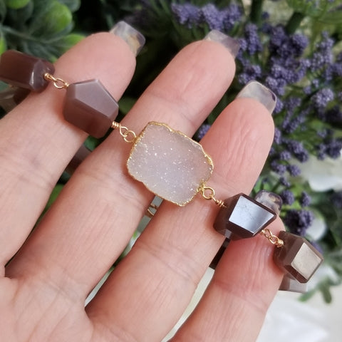 Chocolate Moonstone and Druzy Crystal Bracelet, Natural Gemstone Jewelry, Boho Stackable Bracelet, Gift for Her, Healing Energy Bracelet
