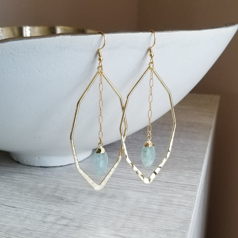 Gold Aquamarine Marquise Earrings, Gold Hoops, Gemstone Earrings, Statement Earrings, Gemstone Drop Earrings, Choose Your Gemstone