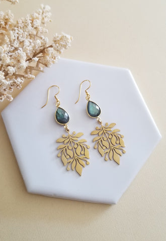 Gold Leaf Labradorite Dangle Earrings, Gold or Silver