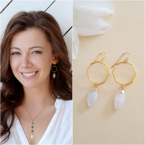 Moonstone Earrings, Gold Moonstone Dangle Earrings, Geometric Earrings, Moonstone Jewelry, Gemstone Drop Earrings, Boho Statement Earrings