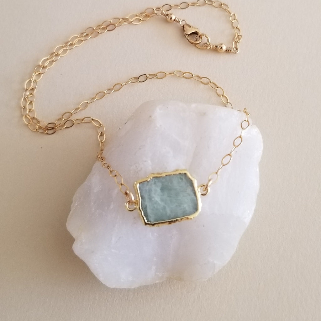 Gold Aquamarine Slice Pendant Necklace, Layering Necklace