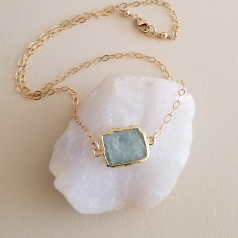 Gold Aquamarine Slice Pendant Necklace, Layering Necklace