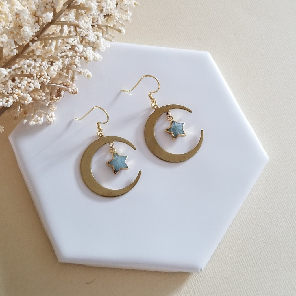 Moon and Stars Earrings, Crescent Moon Earrings, Aquamarine Stars Earrings, Boho Moon Dangle Earrings, Gift for Her, Celestial Jewelry