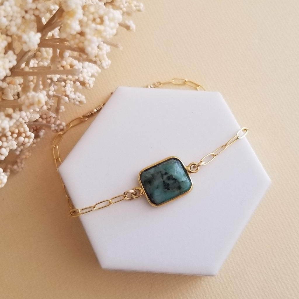 Raw Emerald Bracelet, Gold Paperclip Chain Bracelet, Jewelry Gifts for Women