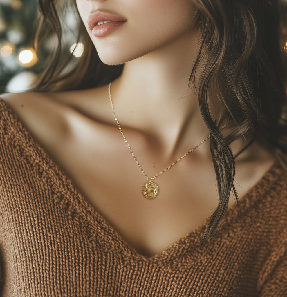 Gold Coin Necklace, Moon and Stars Pendant Necklace, Night Sky Necklace, Gold Bronze Medallion Necklace, Celestial Jewelry, Gift for Her
