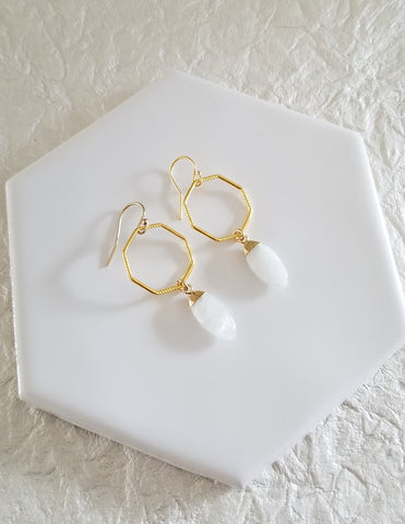 Gold Geometric Moonstone Dangle Earrings