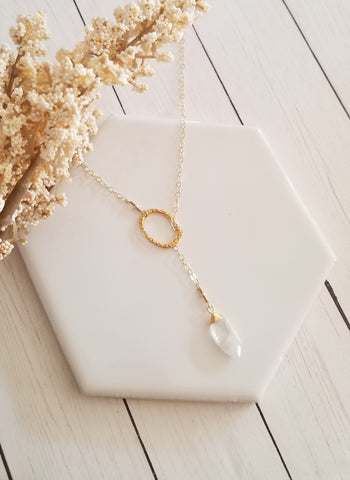 Thin Gold Chain Necklace, Gold Lariat with Natural Gemstone, Handcrafted Necklace, Christmas Gift for Her