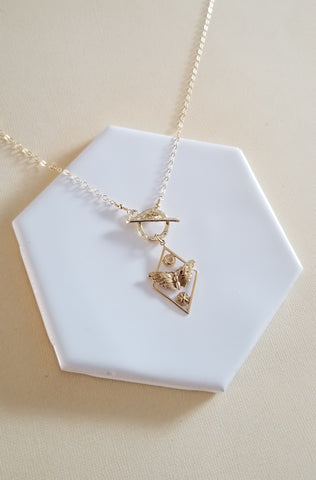 Gold Moth Necklace, Moth Sun and Moon Charm Necklace, Front Toggle Clasp Necklace, Bronze Moth Pendant, Moth Jewelry, Talisman Charm Necklace