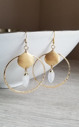 Moonstone Earrings, Large Gold Hoops, Bohemian Statement Earrings, Moonstone Dangle Earrings, Boho Hoops, Boho Bride Earrings, Gemstone Hoop