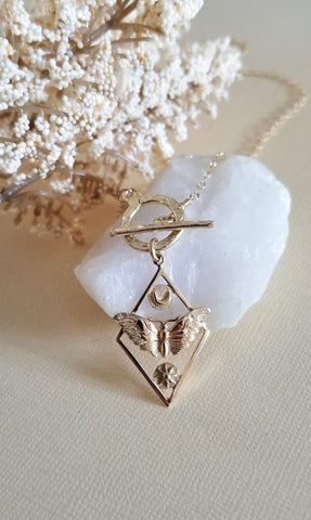 Gold Moth Necklace, Moth Sun and Moon Charm Necklace, Front Toggle Clasp Necklace, Bronze Moth Pendant, Moth Jewelry, Paperclip Chain
