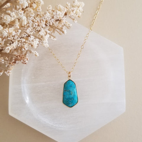Gold Turquoise Hexagon Pendant Necklace, Jewelry Gifts for Women