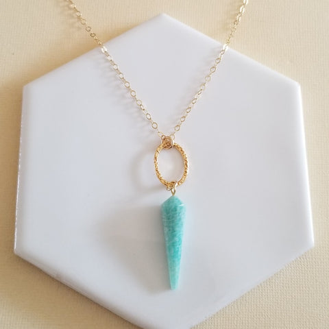 Amazonite Necklace, Gold Amazonite Pendulum Necklace, Long Gemstone Pendant Necklace, Amazonite or Fluorite