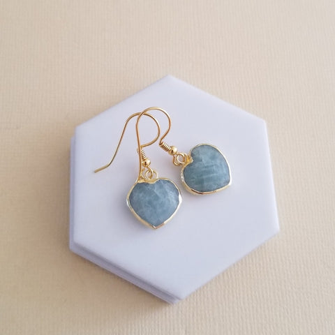 Aquamarine Heart Earrings, Dainty Heart Earrings, Gold Aquamarine Dangle, March Birthstone, Gemstone Earrings, Gift for Her, Heart Jewelry
