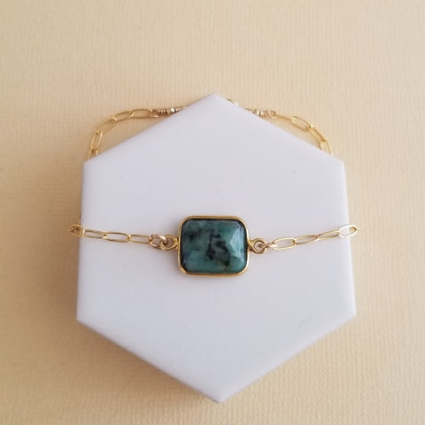 Raw Emerald Bracelet, Gold Paperclip Chain Bracelet